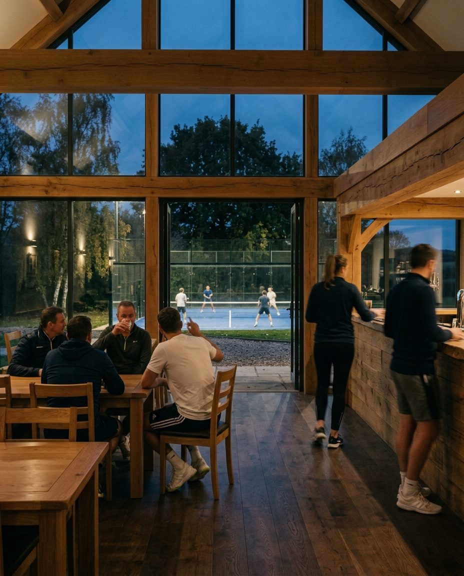 Clubhouse bar looking out to lit courts