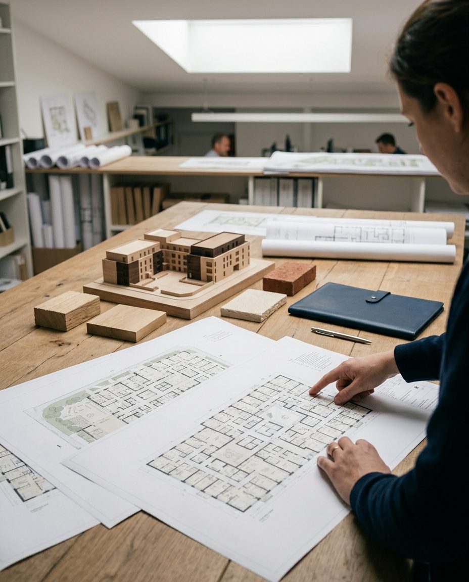 Floor plans and a massing model on a design review table
