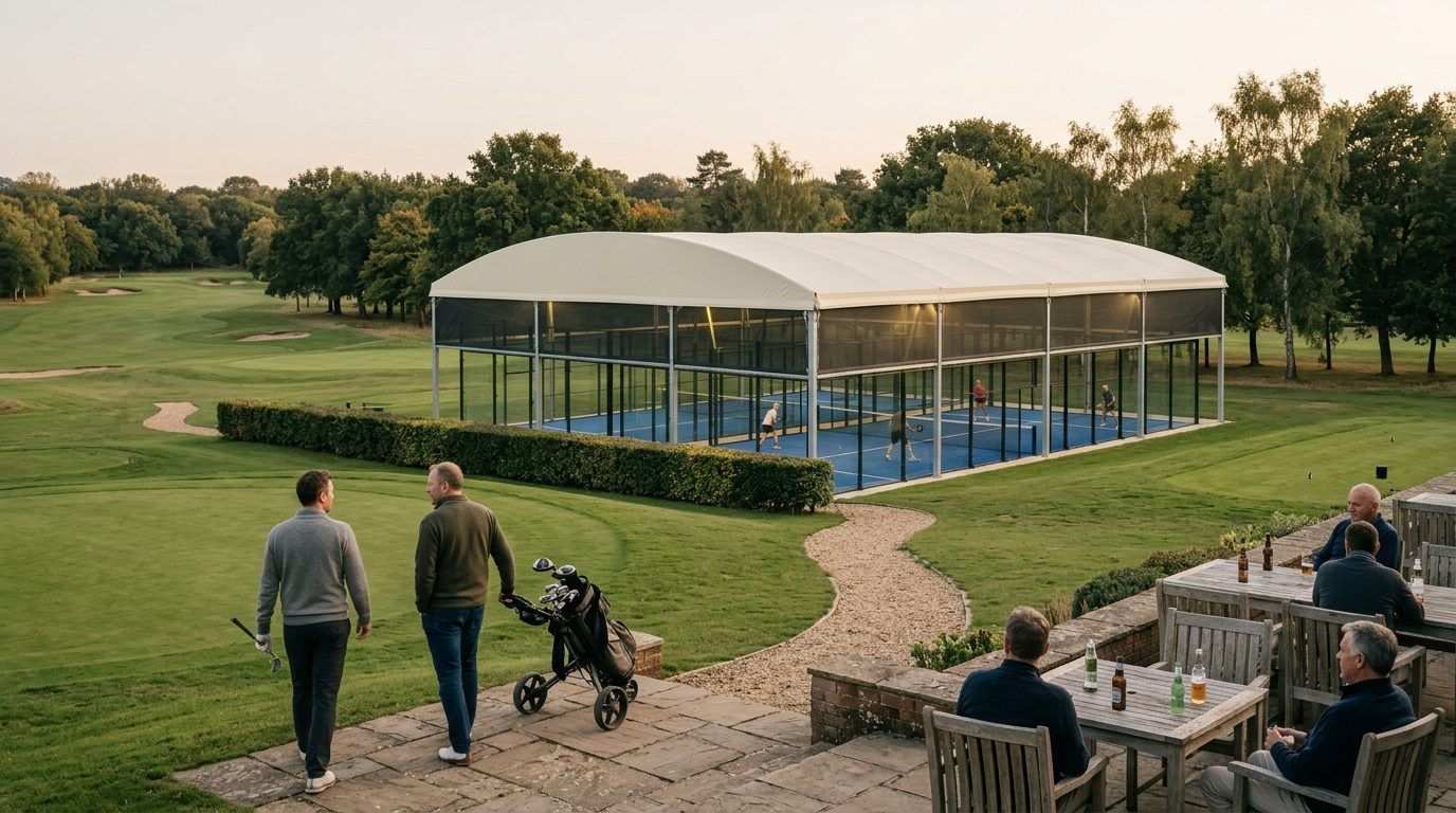 Golfers walking off the 18th green with covered padel courts beyond