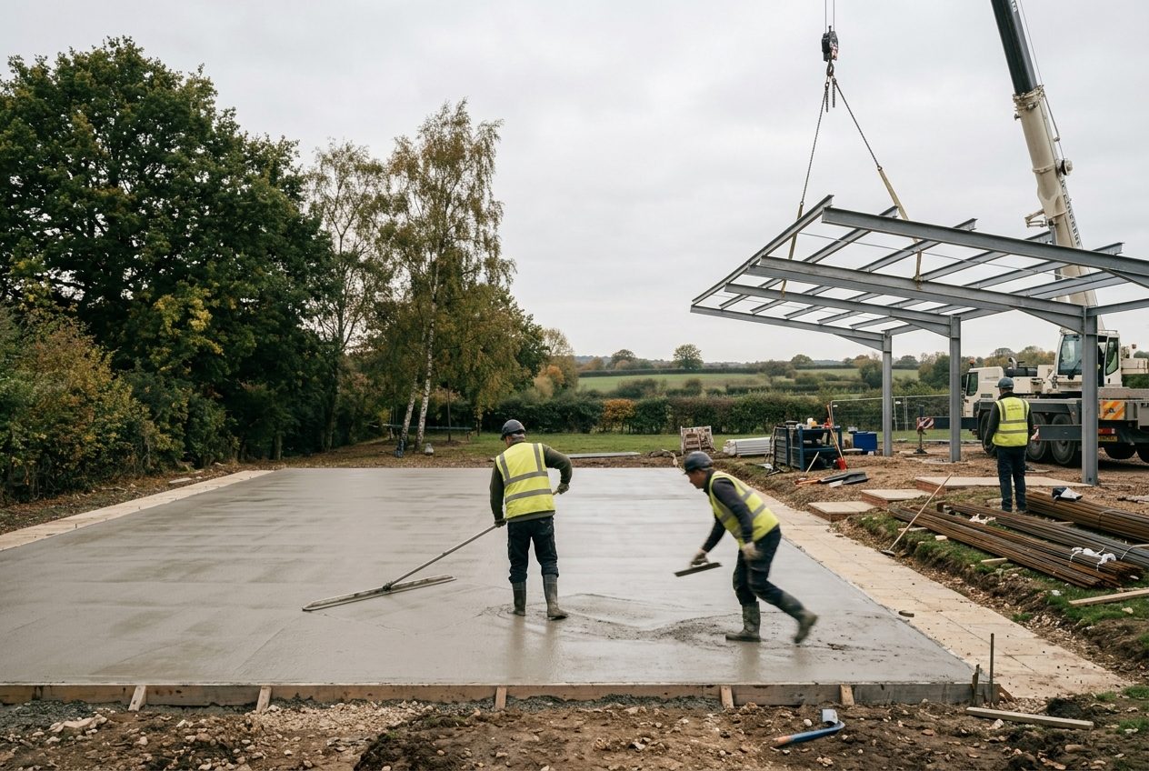 Concrete slab being floated while a canopy frame is craned in