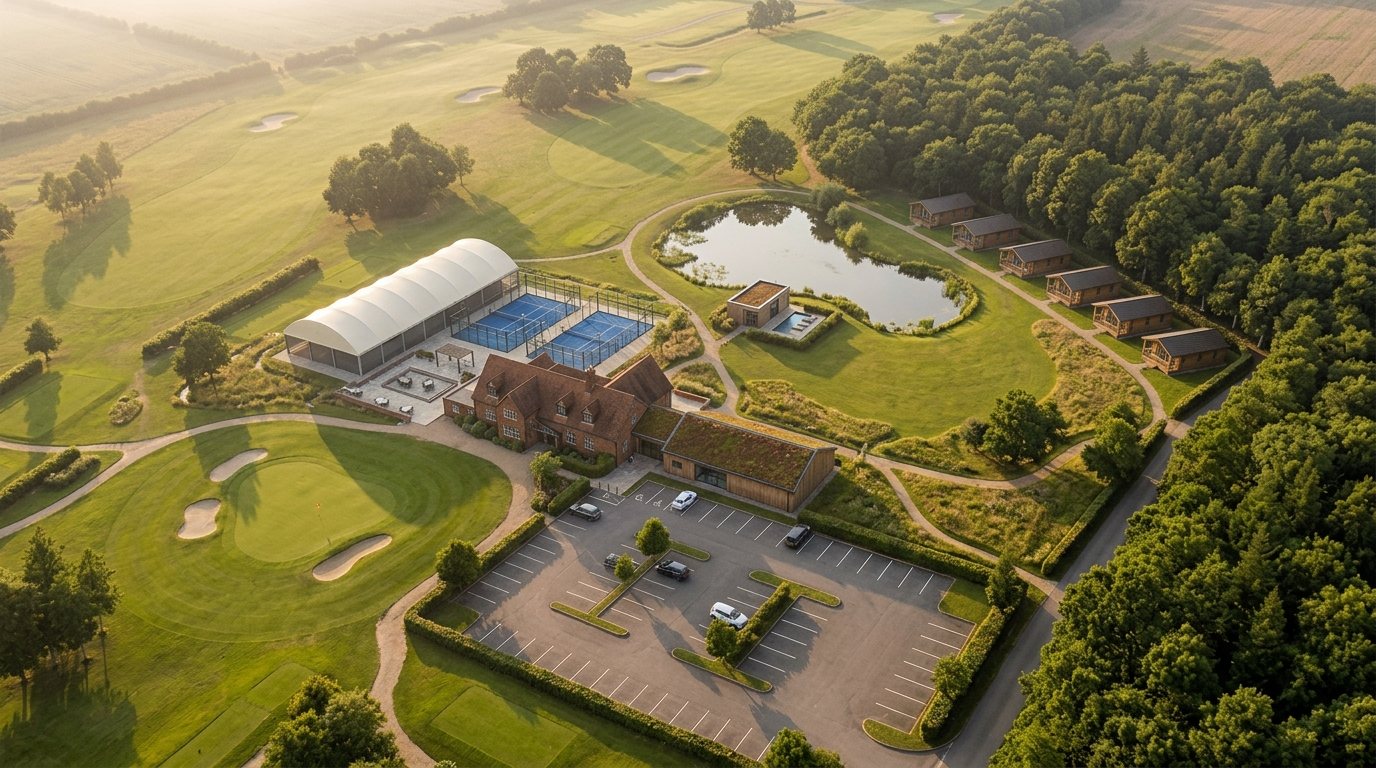 Illustrative aerial masterplan of a golf club estate with new padel courts, clubhouse extension, wellness pavilion and lodges