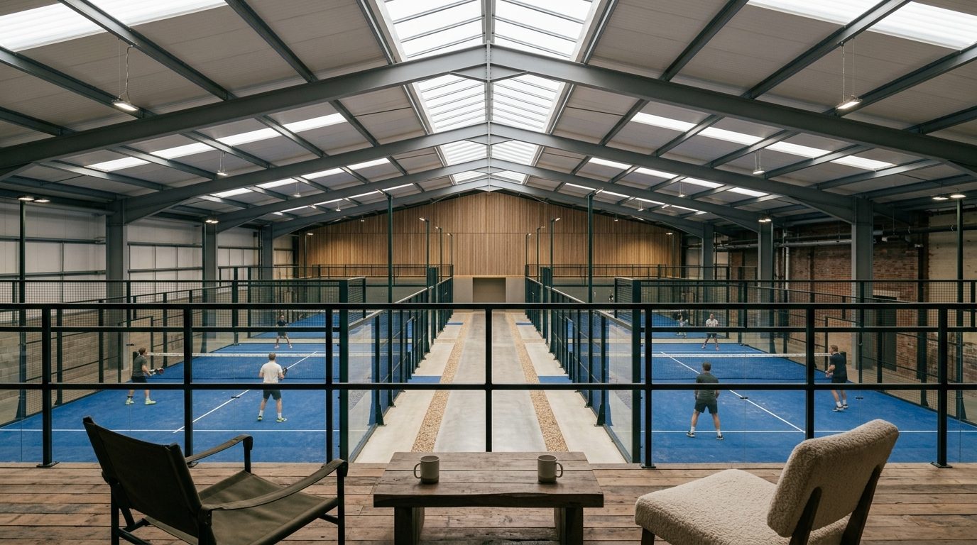Indoor padel club in a converted warehouse: six blue courts seen from a mezzanine lounge