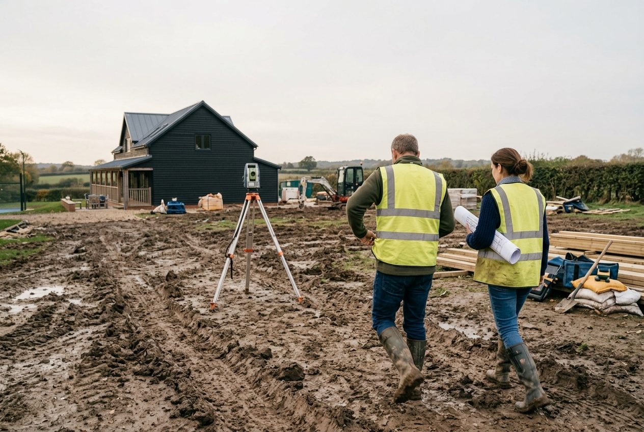 Two people walking a muddy site with drawings, a surveying tripod ahead
