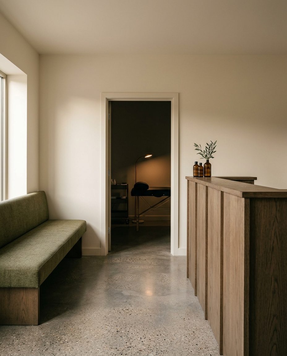 Lash and brow studio reception with olive seating